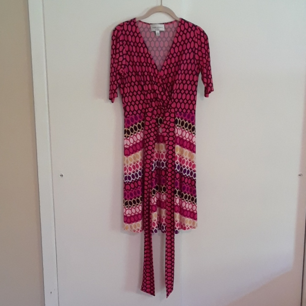 Donna Morgan faux wrap printed fit and flare dress